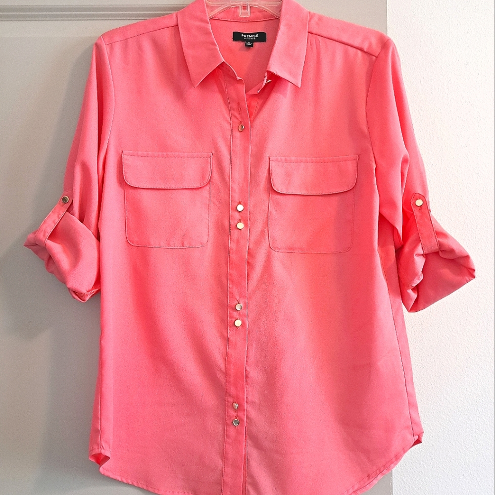 Premise Coral Button Down Career Blouse Size M.
